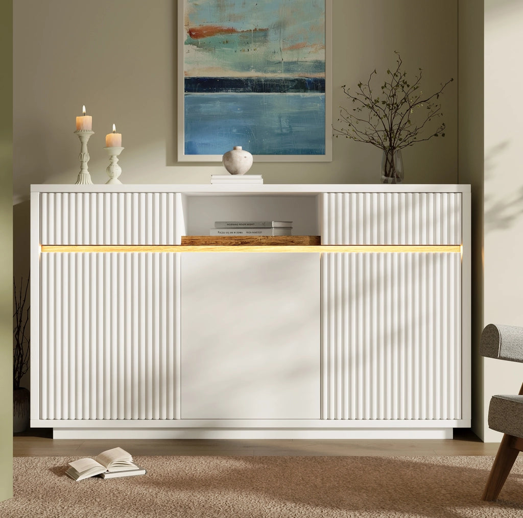 Madia bianca 140 x 40 x 85 cm con LED; 2 cassetti e ripiani regolabili