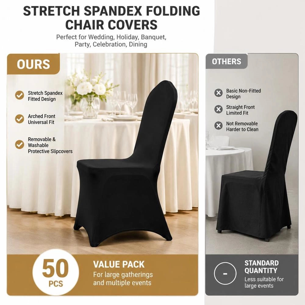 50x Black Stretch Chair Covers, Formal Folding Chair Covers, 50pcs