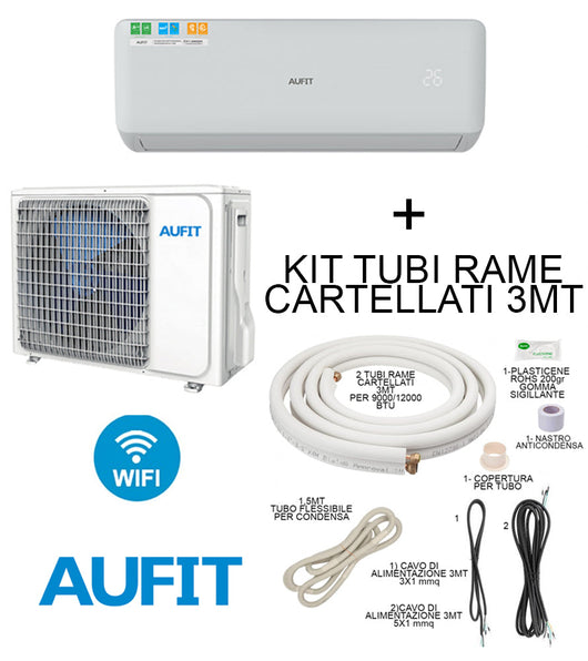 Climatizzatore AUFIT Freedom 12000 BTU + Kit Tubi Rame 3MT Cartellati Condizionatore Inverter R32 Monosplit WIFI
