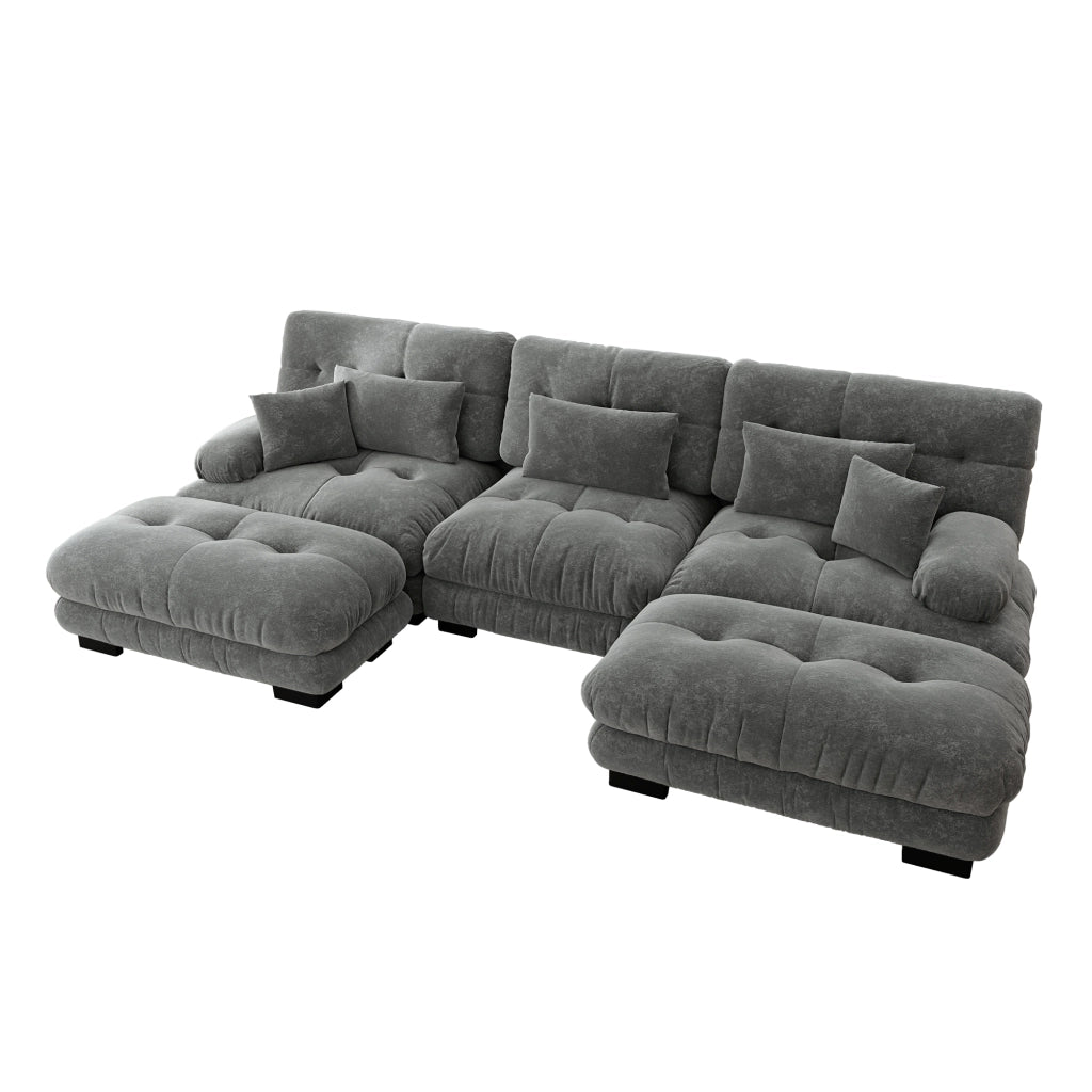 Divano angolare modulare con seduta profonda, pouf e cuscini lombari, design vintage, in ciniglia grigia