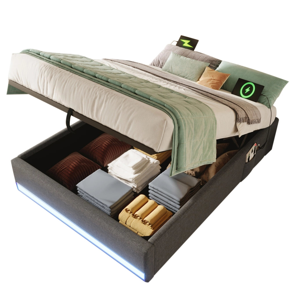 Letto imbottito 90x200 cm con USB; LED e contenitori laterali in lino grigio