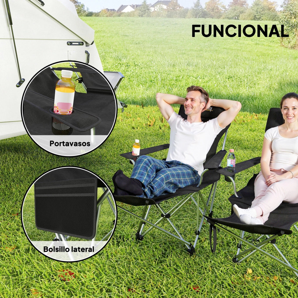 Sedia Pieghevole da Camping con Poggiapiedi e Portabicchieri ¨C zephmum ¨C 2 Pezzi, Nero, 125x48x90 cm
