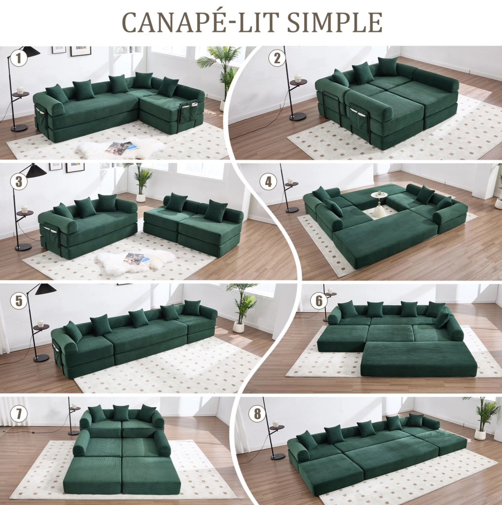 Divano modulare con tasca laterale e funzione letto 270x180x64 cm; velluto a coste verde smeraldo