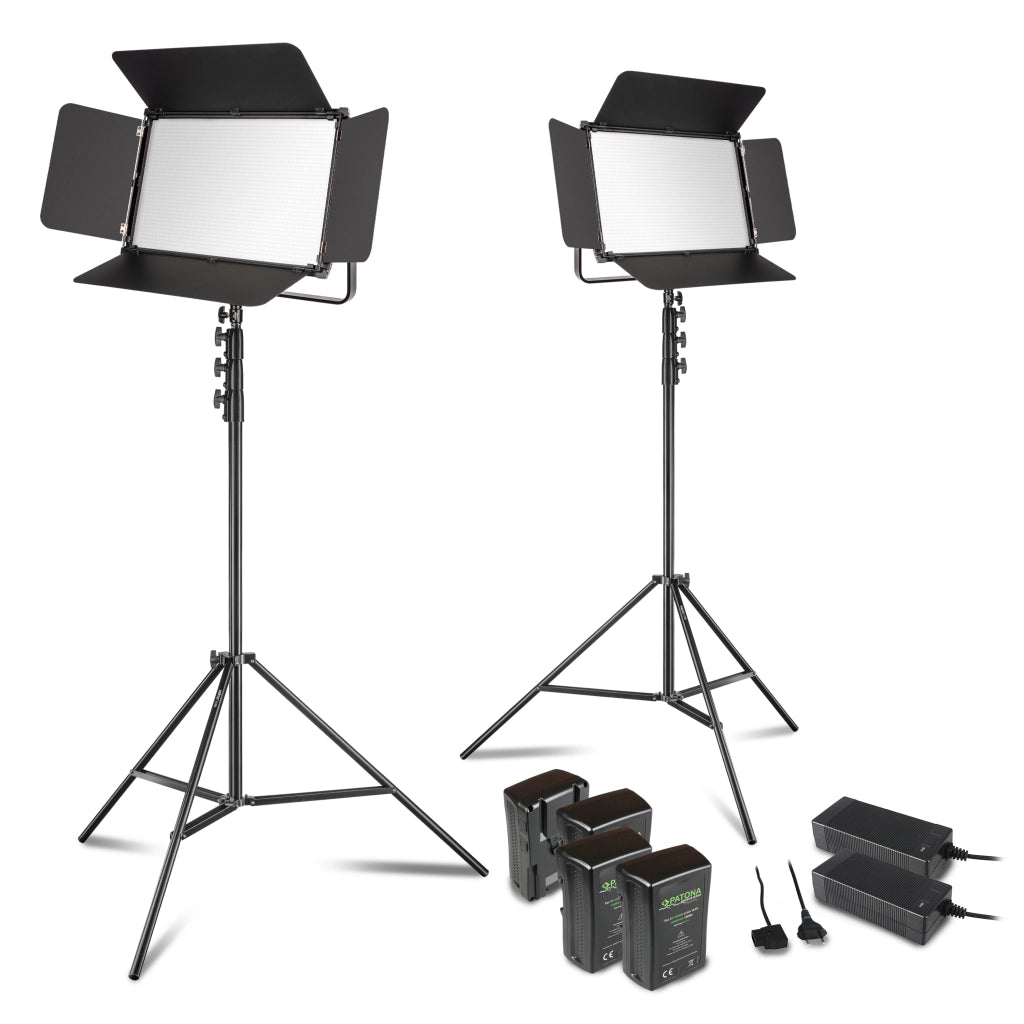 LED Niova 150-F Pro set di luci di superficie incl. 2x luce video, 2x treppiede per lampada, 4x batteria con attacco a V e 2x caricatore, luce di superficie da 150 W con bicolore