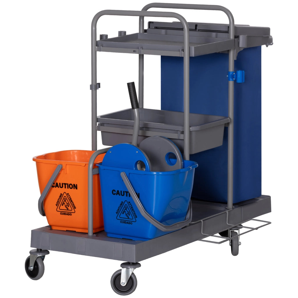 Carrello Pulizie a 3 Ripiani con Sacco per Immondizia e Strizzatore, 111x63.3x103 cm, Grigio Blu e Arancione