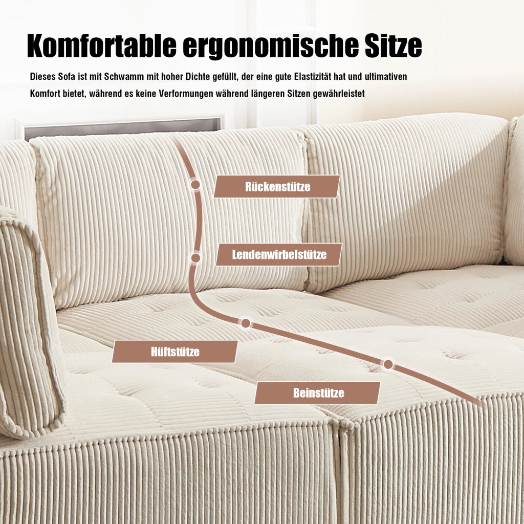 Divano Modulare 6 Posti con Tasche Laterali; Schienale Ergonomico; Velluto a Coste Beige; 308 × 154 × 81;99 cm