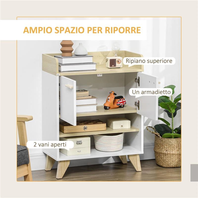 MOBILETTO MULTIUSO CON PIEDINI E ANTE  60X30X78CM  IN LEGNO BIANCO E BEIGE