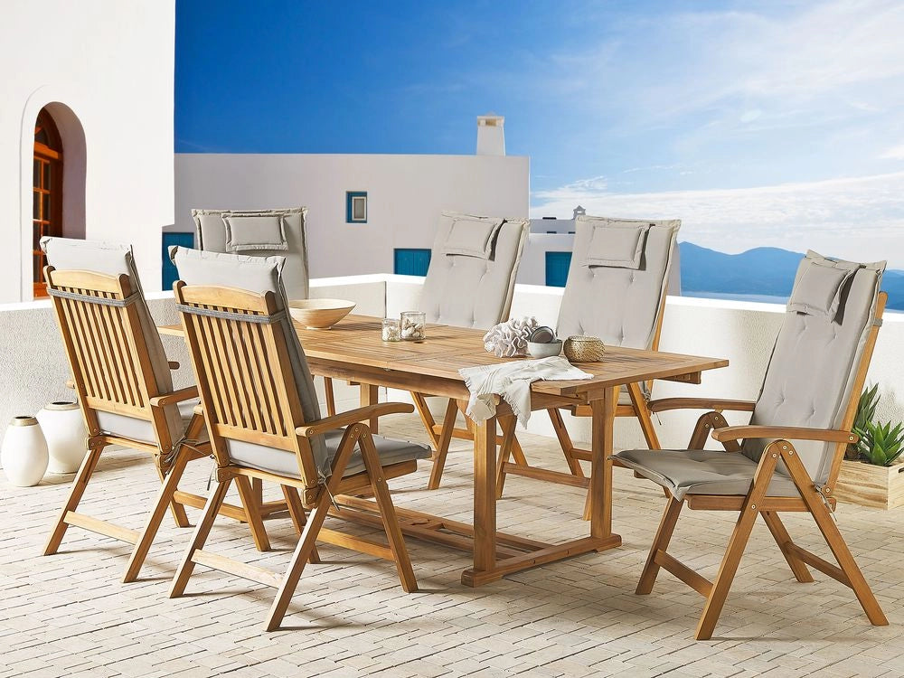 Set da pranzo da giardino in legno di acacia con cuscini color tortora 6 posti sedie pieghevoli regolabili per esterni in stile country