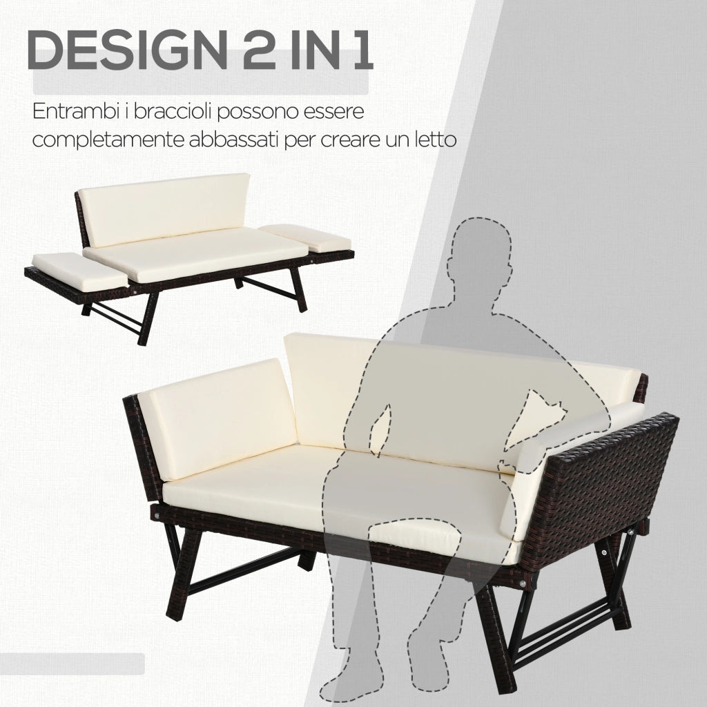 Divano 2 Posti da Giardino in Rattan ¨C zephmum ¨C Bianco e Marrone 129x63x67