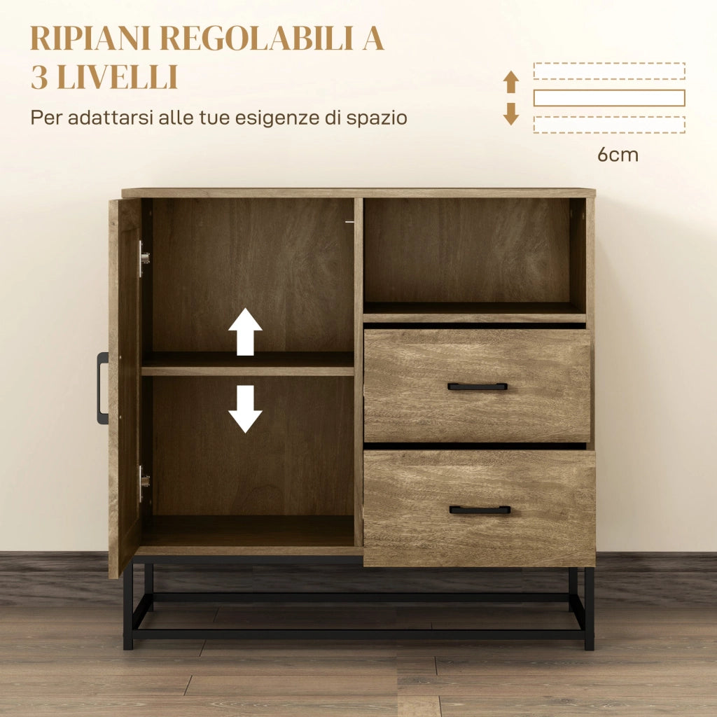 Credenza Mobile Basso Multiuso Armadietto Cassetti e Vani a Giorno  80x40x78 cm in Legno e Acciaio Marrone