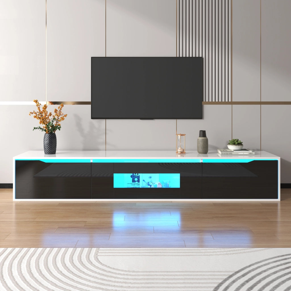 Mobile TV con 2 Ante Scanalate e LED a 16 Colori; Finitura Lucida; per Soggiorno; in Truciolare 180×35×30 cm