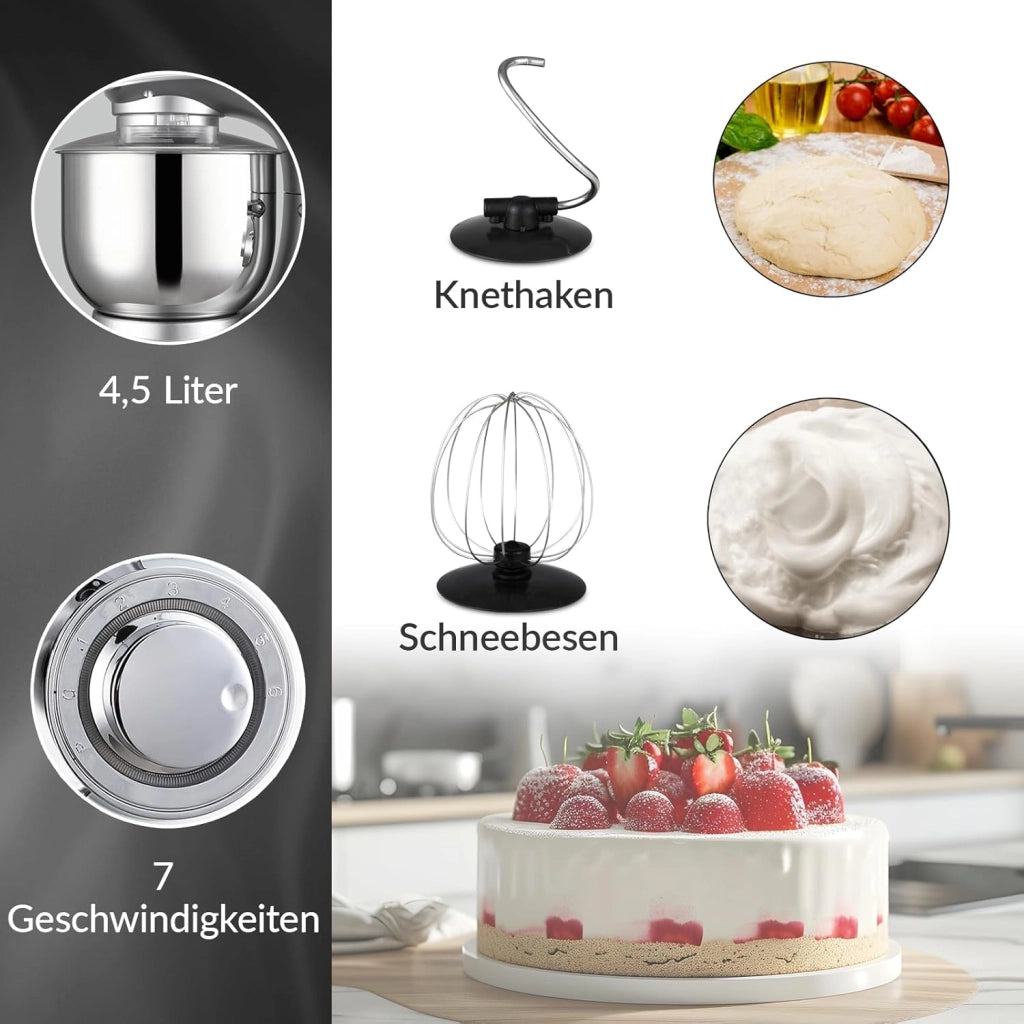 ® Planetaria Impastatrice Elettrica 1000 W Acciaio Inox 4,5L 7 Velocità Accessori Paraspruzzi Ciotola Frusta Gancio Elettrodomestici Cucina
