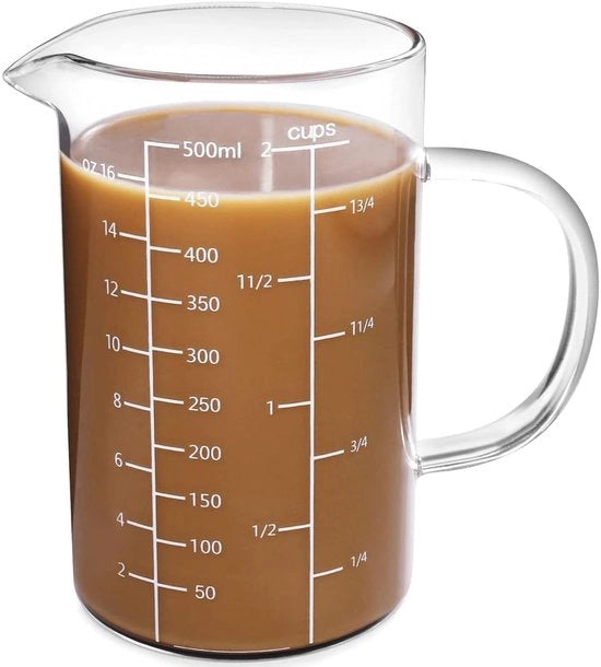 Misuratore di Liquido 500 ml - Bicchiere di Vetro - Vetro Borosilicato - Manico Ergonomico - Uscita V - Ideale per Cottura - Bicchiere di Misura