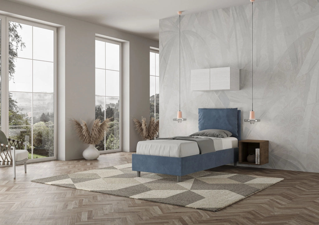 BS COM Letto singolo contenitore imbottito 90x200 microfibra blu