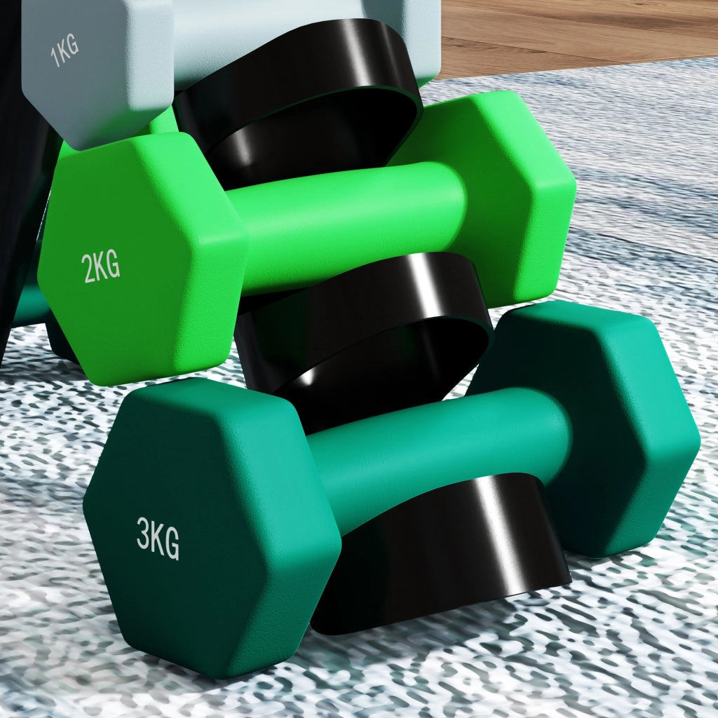 Set 6 Pesi Manubri con Supporto Coppie da 1-2-3 Kg in Metallo Verde e Nero