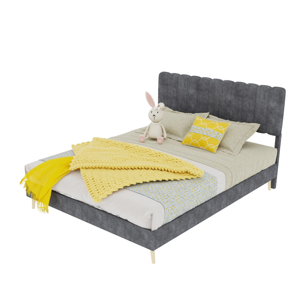 Letto matrimoniale imbottito 140x200 cm in velluto grigio con testiera morbida
