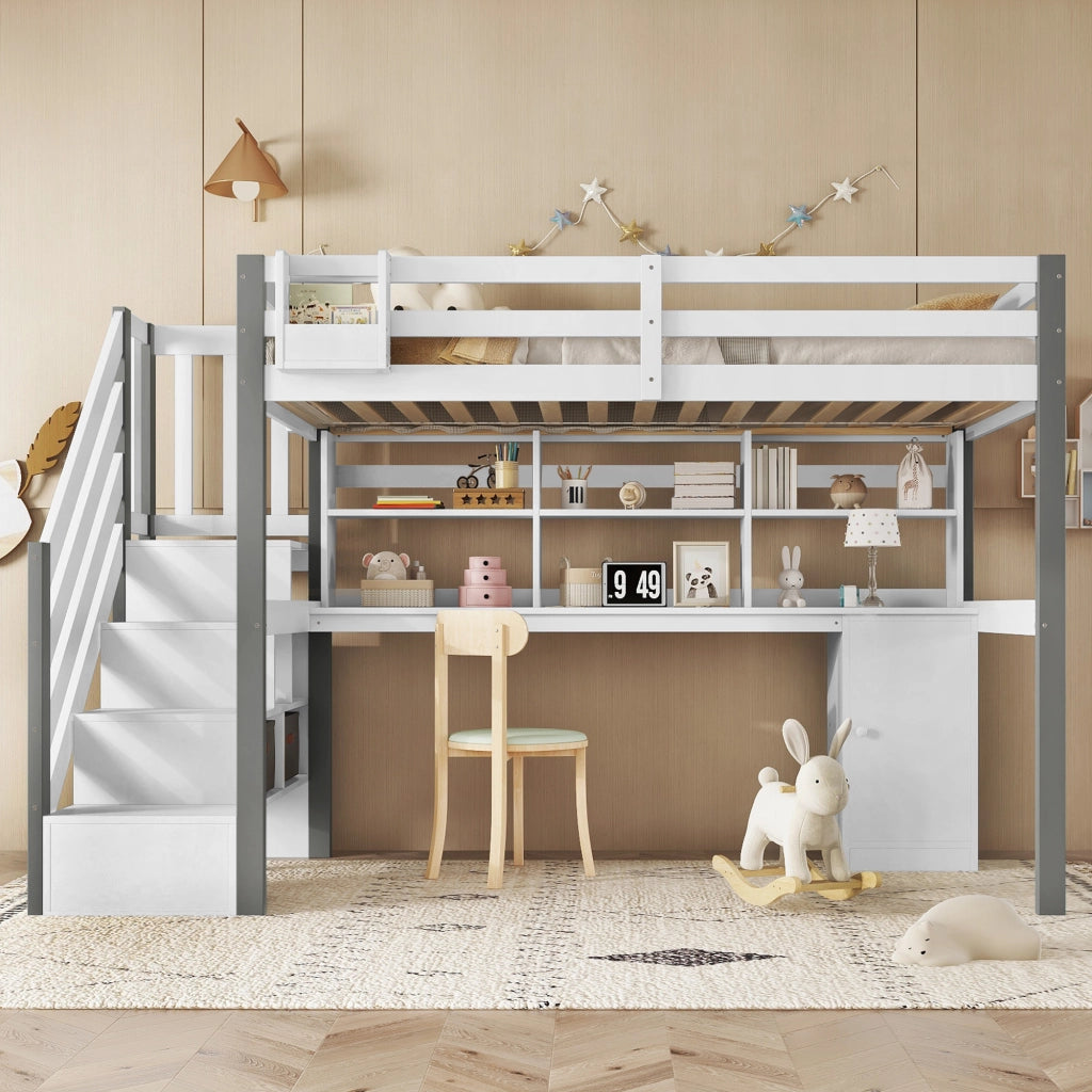 LETTO a soppalco con scrivania e scaffale, 90 x 200 cm, bianco/grigio