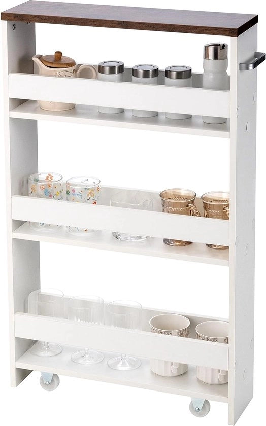 Carrello da cucina a 4 livelli su ruote, con maniglia laterale, in legno, 48 x 12,5 x 81 cm