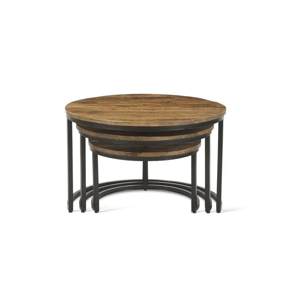 Table bassa ARNOLD – Set di 3 tavolini nidificati rotondi – Marrone legno e metallo – Stile contemporaneo