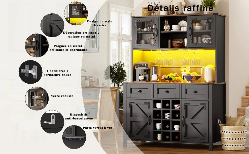 Credenza Alta con LED, USB e Prese ¨C Xylo ¨C 4 Ante, 3 Cassetti, Nero, 120x40x170