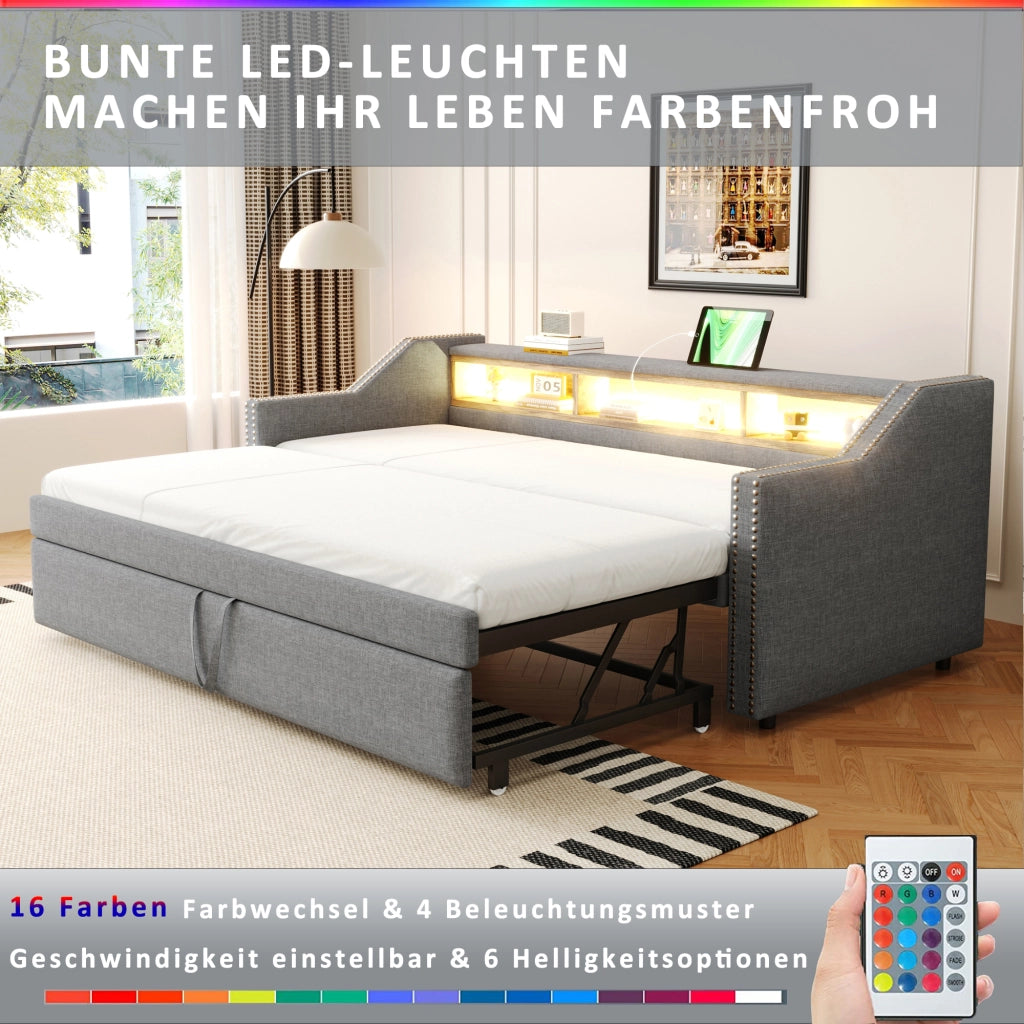 OKWISH Letto a Divano 90×190 cm, Letto Singolo con Letto Estraibile, 3 Ripiani, LED Regolabile e USB, senza Materasso, Grigio Chiaro