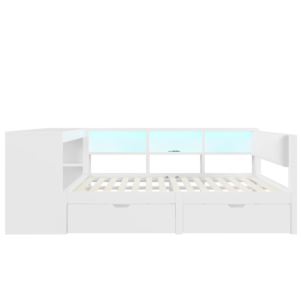 Letto per adulti 140 × 200 cm con testiera imbottita, ripiani, 2 cassetti, prese USB e LED, senza materasso, bianco