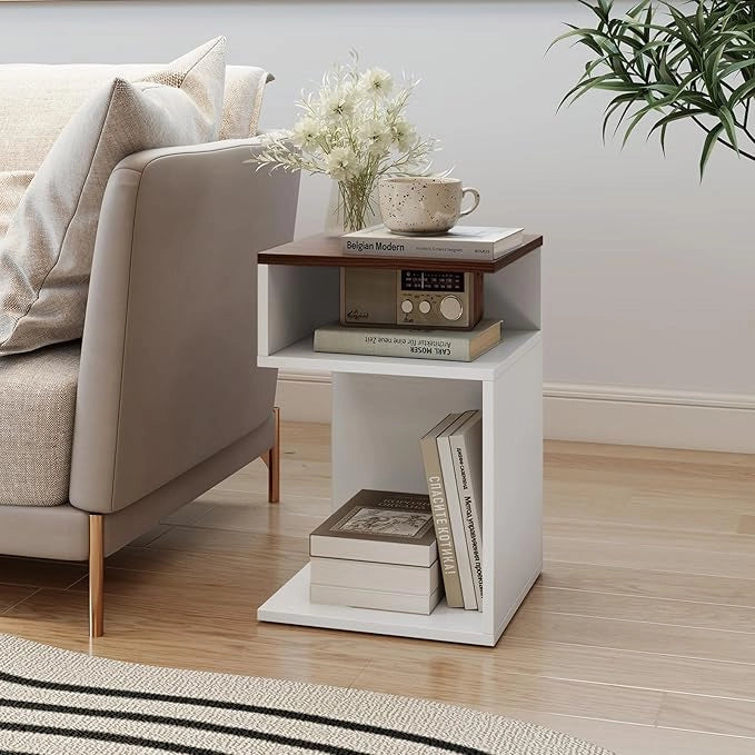 Tavolino Laterale da Salotto a Forma di S per Piccoli Spazi, Tavolino per Divano con 2 Scomparti Aperti, Comodino Moderno per Soggiorno, Camera da Letto e Studio, Bianco (1,Noce e Bianco)
