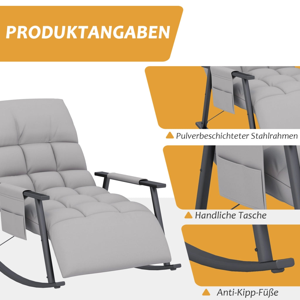 Poltrona a dondolo relax con poggiapiedi e schienale regolabile, tasca laterale, in poliestere grigio 134 × 60 × 70 cm
