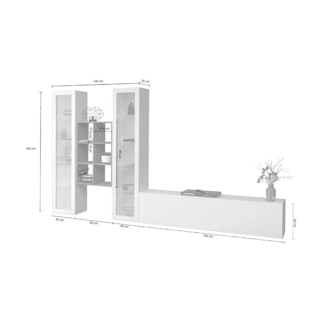 Mobile Soggiorno Lome, Parete Attrezzata 15 Ripiani Made in Italy, 320x30x180h cm Bianco Lucido