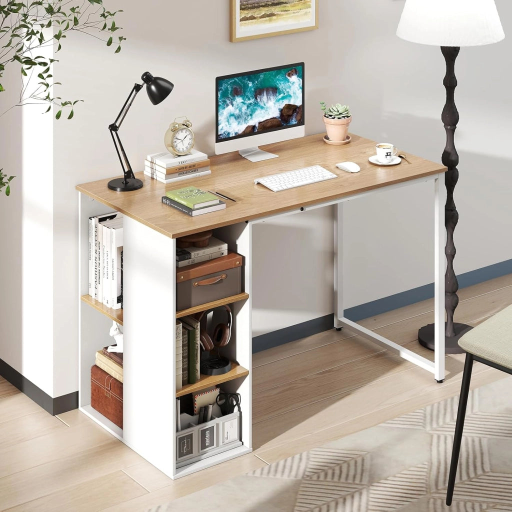 Scrivania per computer con stoccaggio, tavolo da studio con 5 scomparti aperti e struttura in metallo, moderna di lavoro a casa (naturale)