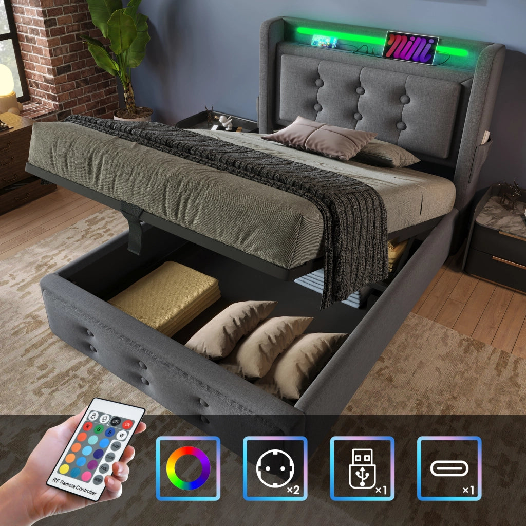 Letto Contenitore Letto Singolo 90 x 200 cm con LED; USB; Tipo C e Ripiano; senza Materasso; Grigio