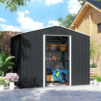 Casetta da Giardino 3.6m² in Acciaio Zincato con Prese d'Aria, Capanno da Giardino con Tetto Inclinato, Doppie Porte Scorrevoli Bloccabili, Capanno Porta Attrezzi, 236x174x190cm, Grigio Scuro