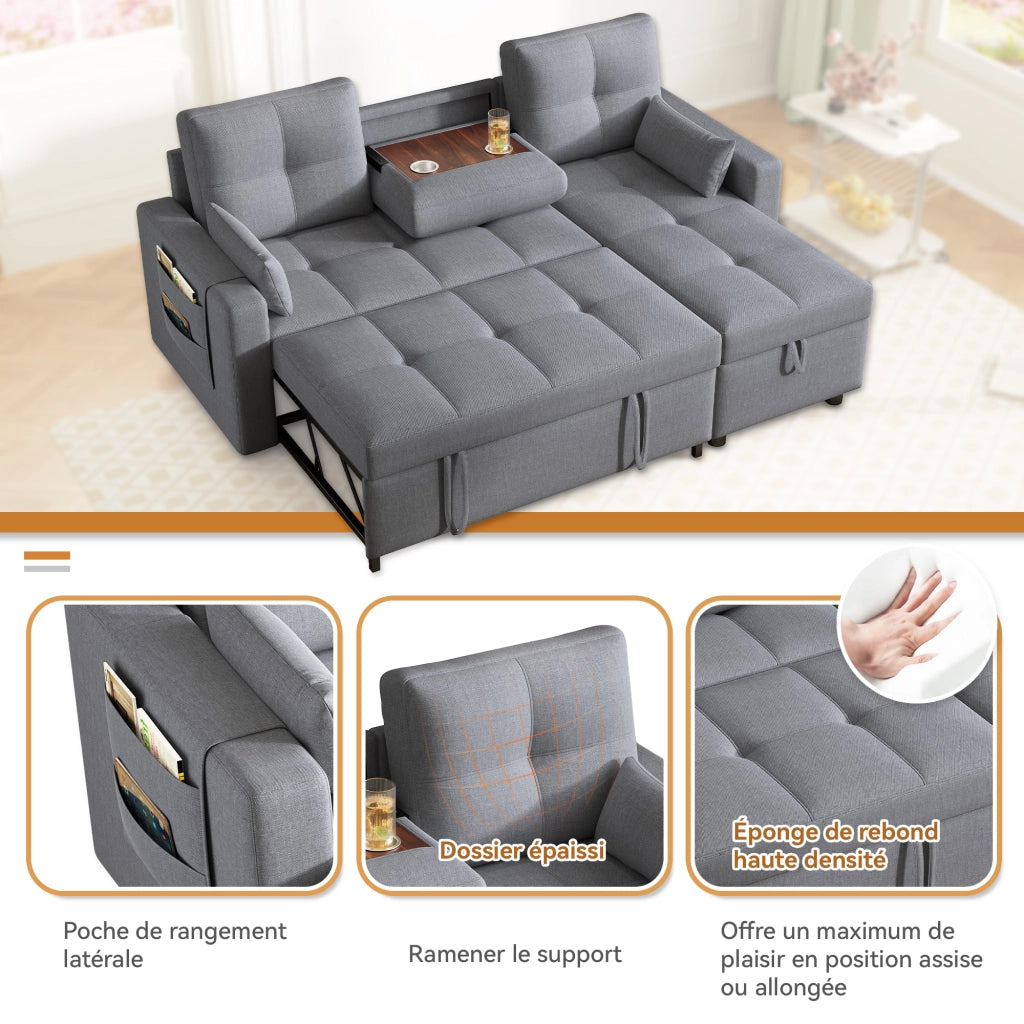 Divano angolare L modulare letto estraibile con vano contenitore e portabicchieri in lino grigio 211 × 136 × 87 cm