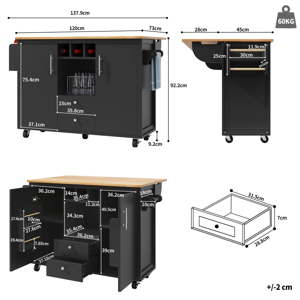 TAVOLO ISOLA CUCINA 137,9x73x92,2 cm Nero in MDF e Metallo pieghevole