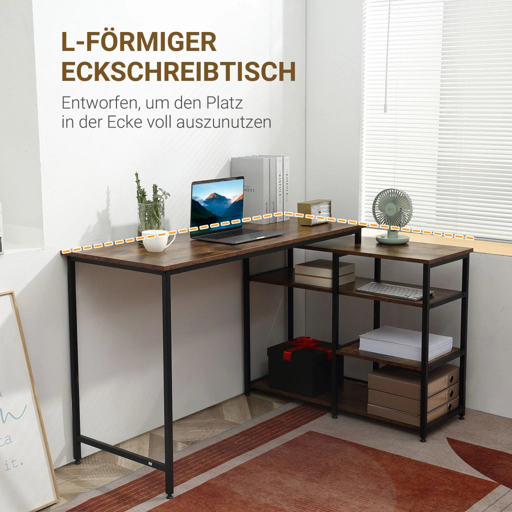 Scrivania angolare con 3 ripiani, per ufficio e home office, in truciolato e acciaio, nero, 135 × 90 × 79 cm