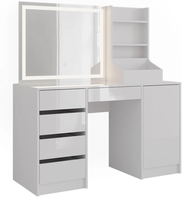 Tavolo da toeletta Sherry, Bianco/bianco lucido, 128.2 cm 4 parti