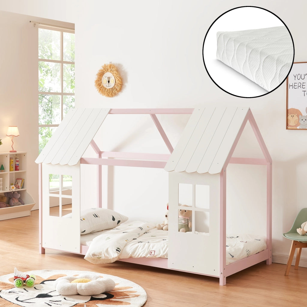 Letto Tostedt per Cameretta a Forma di Casetta con Materasso 90 x 200 Rosa / Bianco [en.casa]