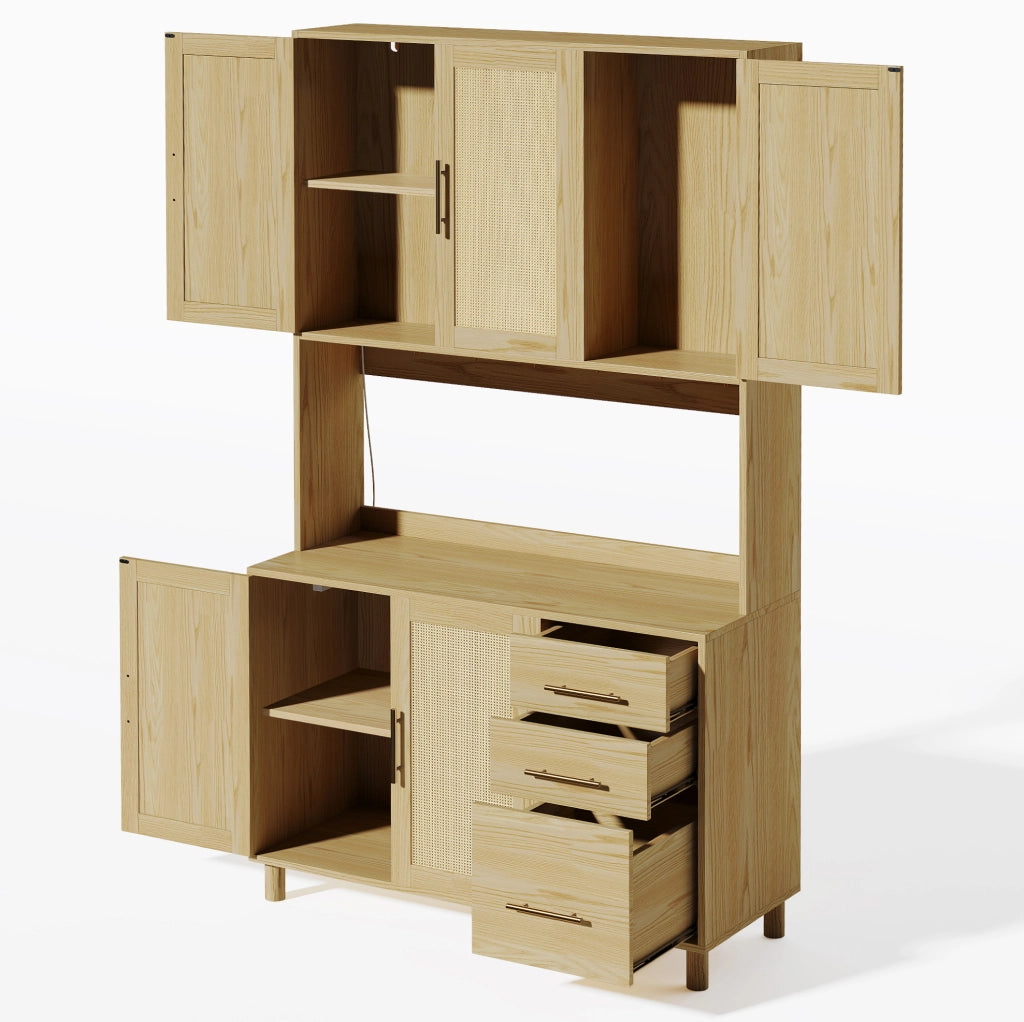 Credenza da cucina 183 cm con LED RGB, 2 prese e porta USB, ripiani regolabili e 3 cassetti