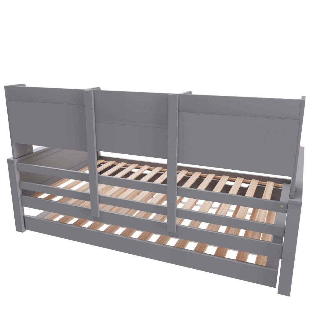 Letto estraibile singolo 90×200 cm e 90×190 cm con vani portaoggetti e rete; senza materasso; legno; grigio