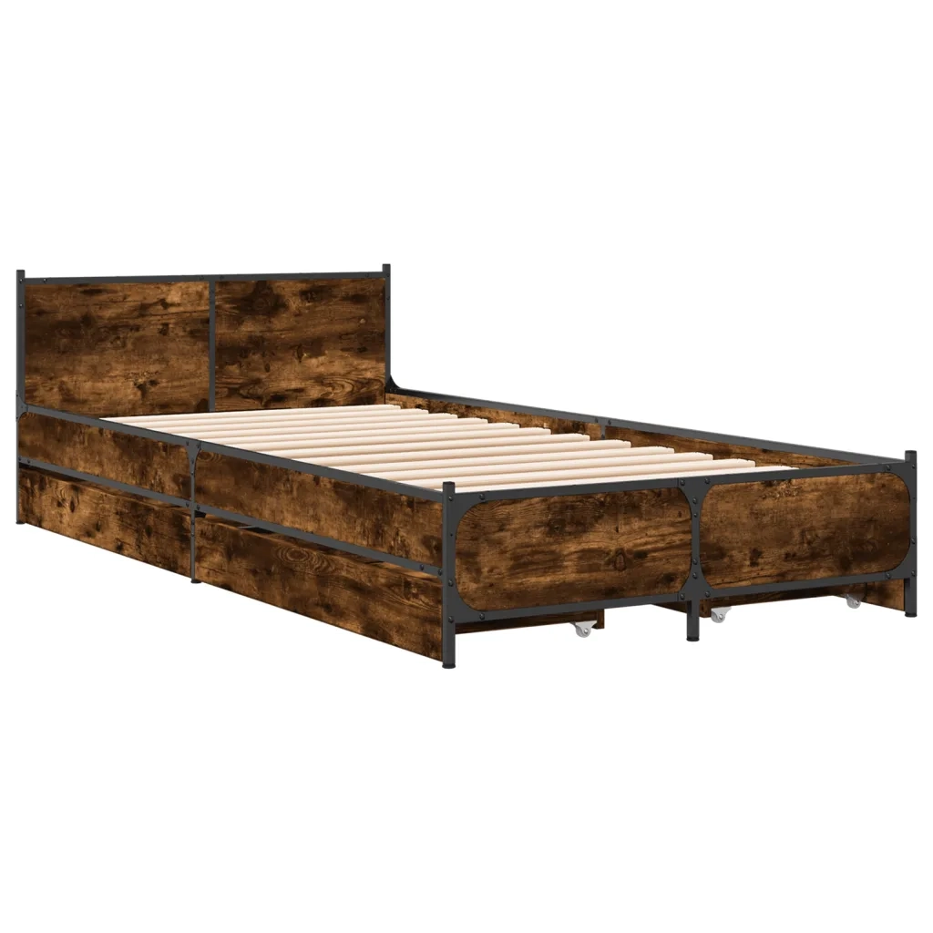 Letto singolo | Letto per adulti | Giroletto con Cassetti Rovere Fumo 75x190 cm Legno Multistrato