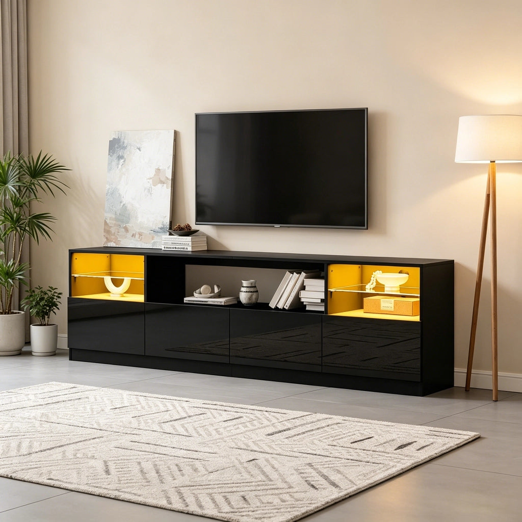 Mobile TV LED nero lucido 180 x 35 x 60 cm, per TV fino a 75 pollici, 4 ante a ribalta, 8 vani portaoggetti