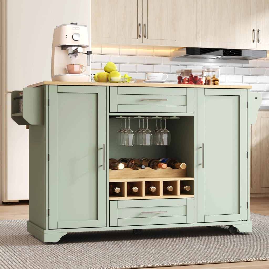 Carrello da cucina con piano ribaltabile, portabottiglie, portabicchieri, portaspezie e porta asciugamani, 138x45/70x92 cm, verde