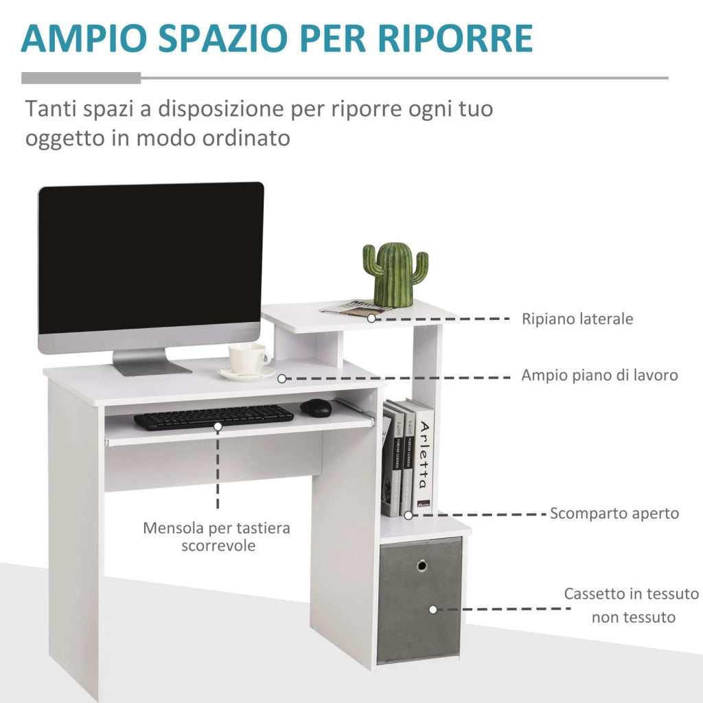 EasyComfort Scrivania Moderna per PC con Mensola Porta Tastiera, Ripiano e Cassetto in Tessuto, in Legno, 100x40x86.6cm, Bianco