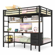 LETTO a soppalco 140x200 cm in metallo nero con scrivania, cassetti e ripiani