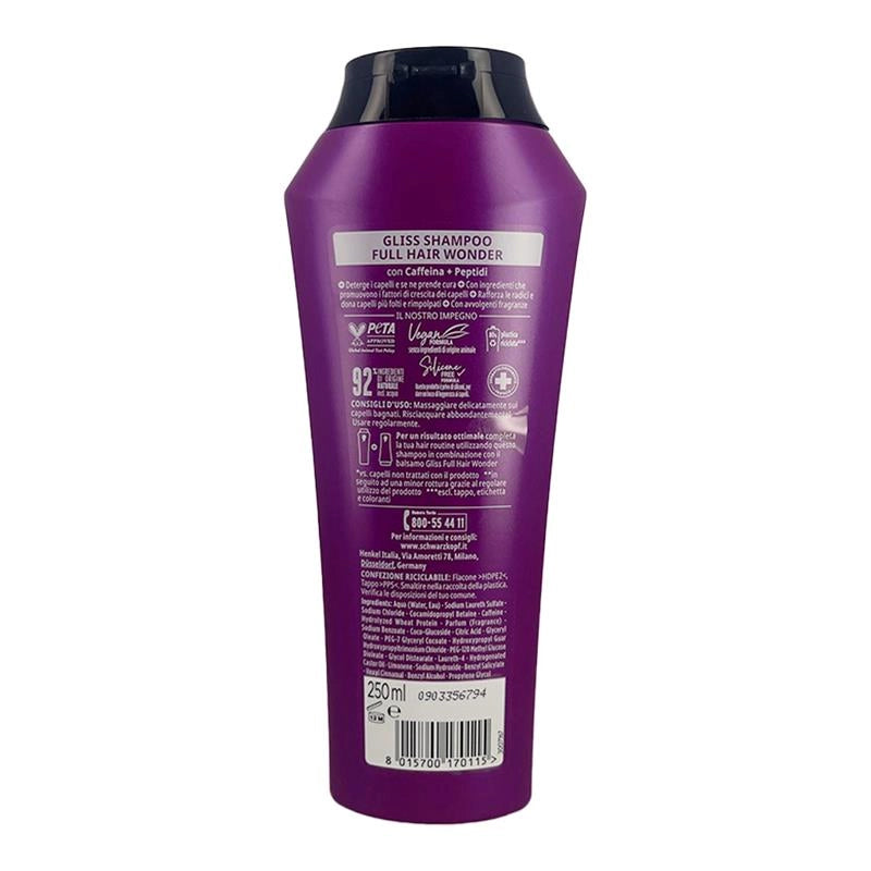 GLISS FULL HAIR WONDER SHAMPOO EFFETTO FILLER ATTIVAZIONE DELLE RADICI CON CAFFEINA E PEPTIDI PER CAPELLI FRAGILI E DELICATI 250 ML