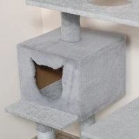 Tiragraffi Palestra per Gatti Multilivello con Casetta Scala Piattaforme, Pali in Corda di Juta, Grigio, 60.5x40x124cm