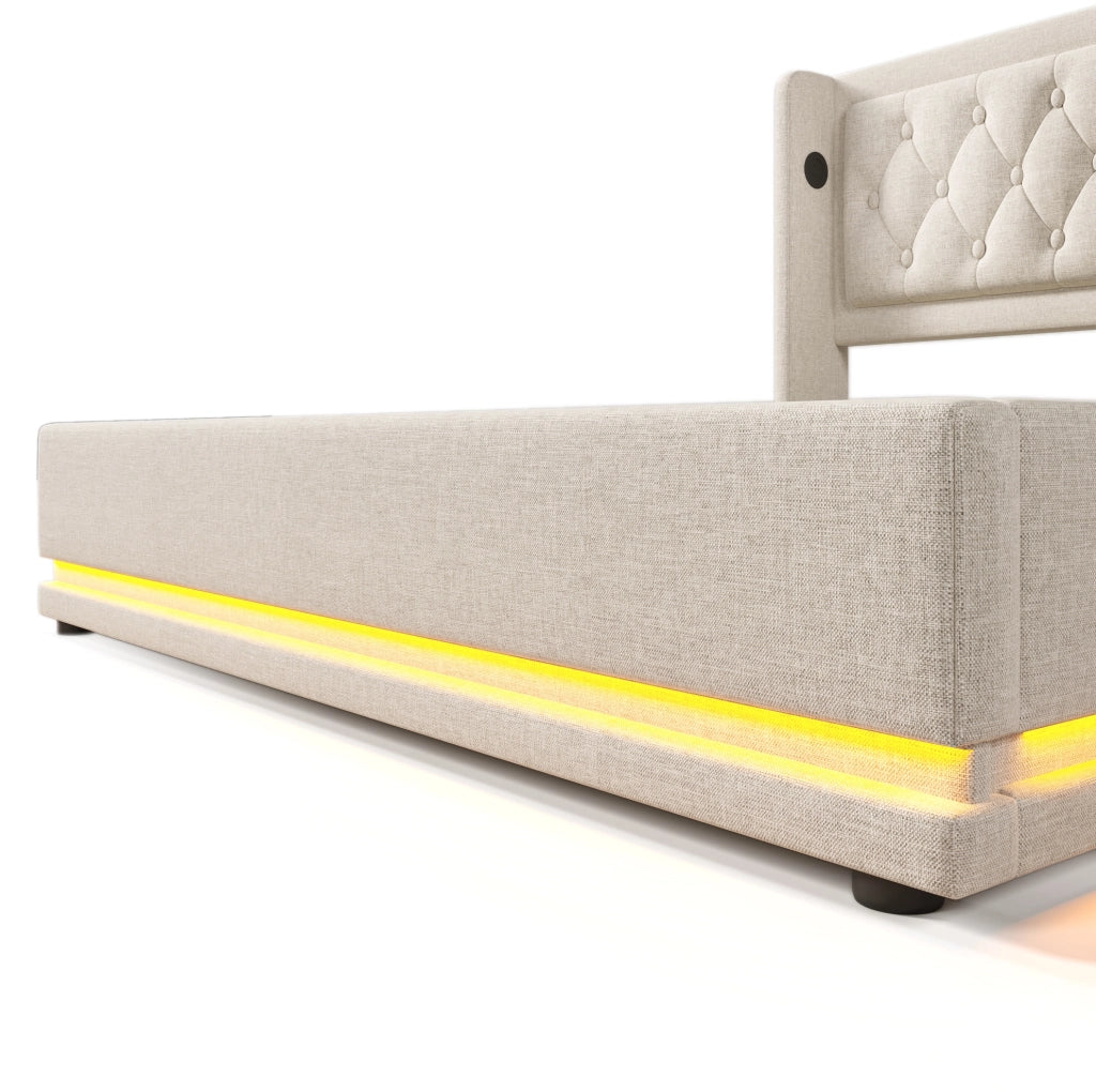 Letto 160x200 cm con contenitore idraulico, LED, USB e USB-C in cotone beige