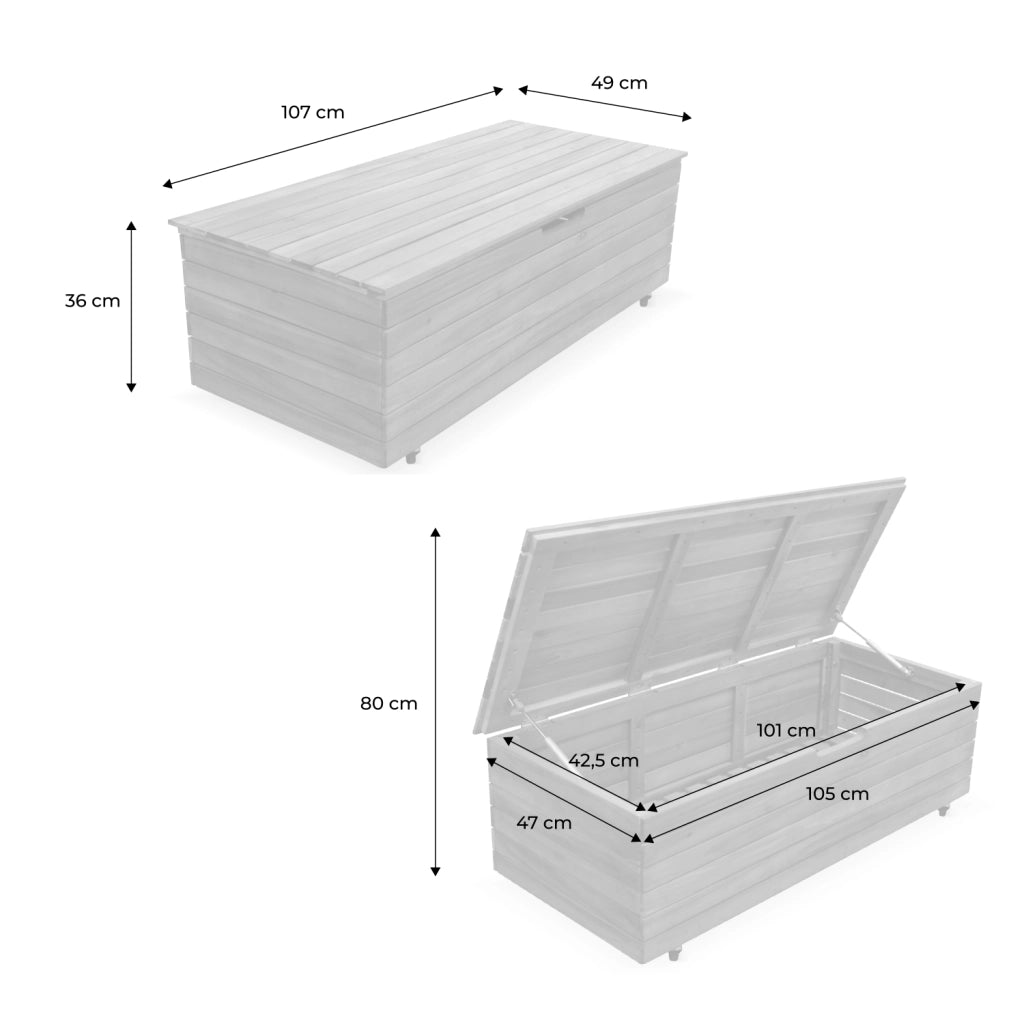 Baule da giardino in legno con rotelle, 110l, marrone naturale
