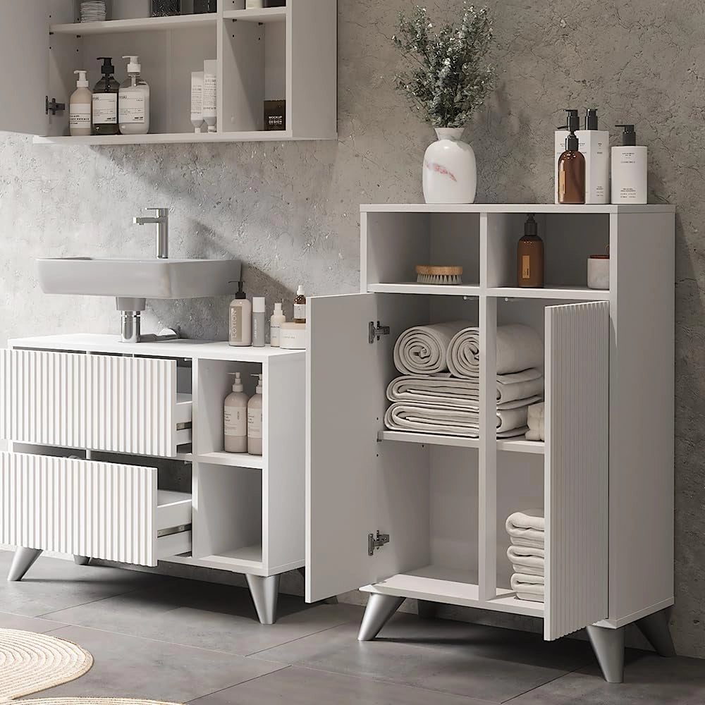 Mobiletto midi Leano, Bianco, 60 x 97 cm con 2 porte, adatto per la conservazione di articoli da bagno e asciugamani