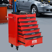 Mobile contenitore con 6 cassetti e ruote, chiudibile, in acciaio, per garage e officina, rosso e nero, 60 × 33 × 77,5 cm